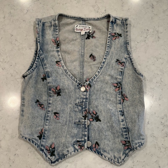 Stoosh Jackets & Blazers - Stoosh Vintage Denim by 26 International Embroidered Floral Vest Pink Flowers